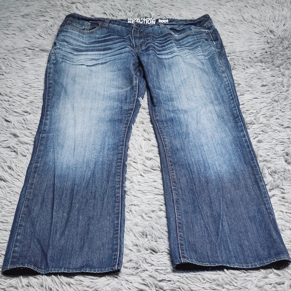 Kenneth Cole Reaction Jeans Mens 36x30 Hemmed Blue Denim Bootcut Faded Casual
